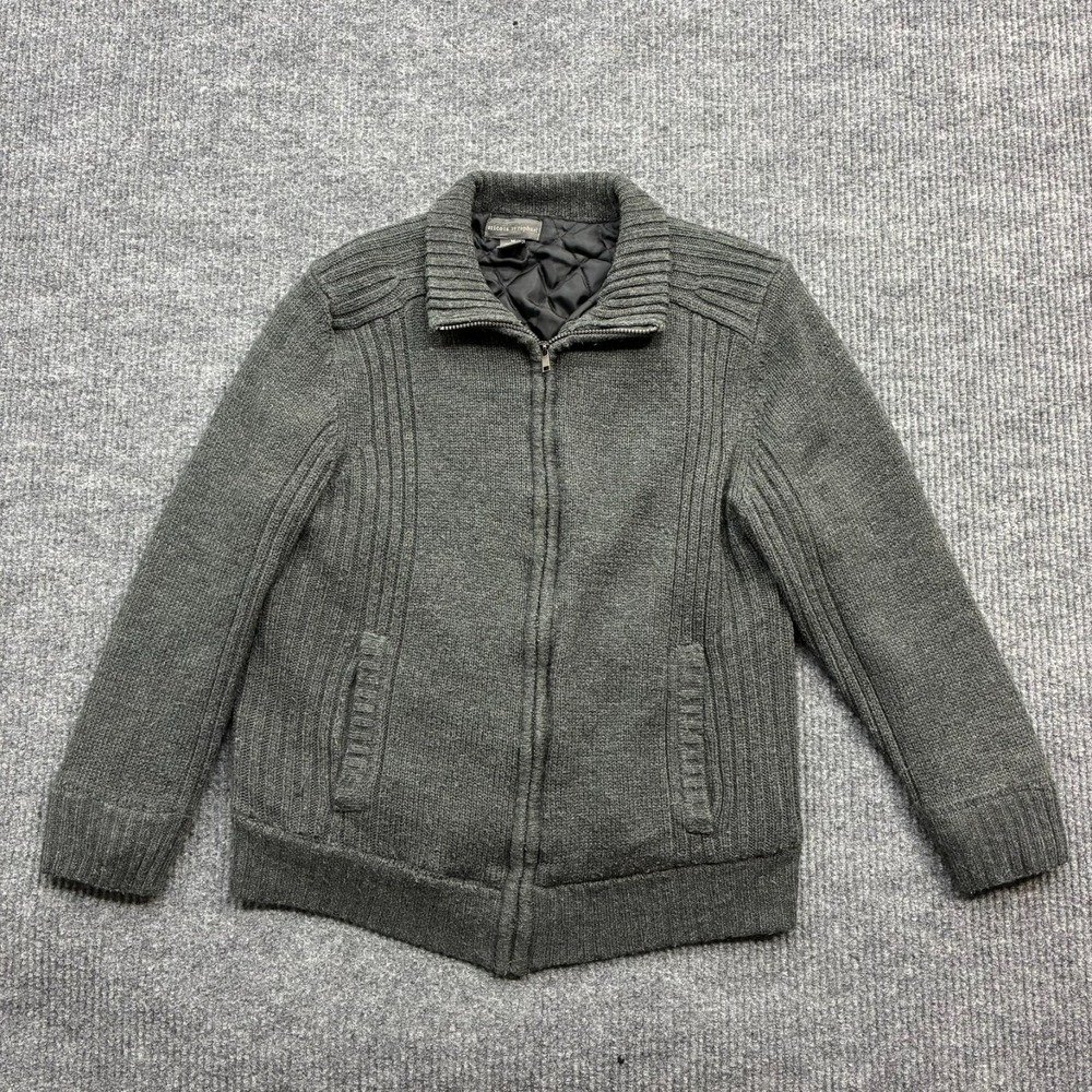 Tricots St Raphael Mens M Gray Full Zip Sweater Jacket Quilted Lined Acrylic